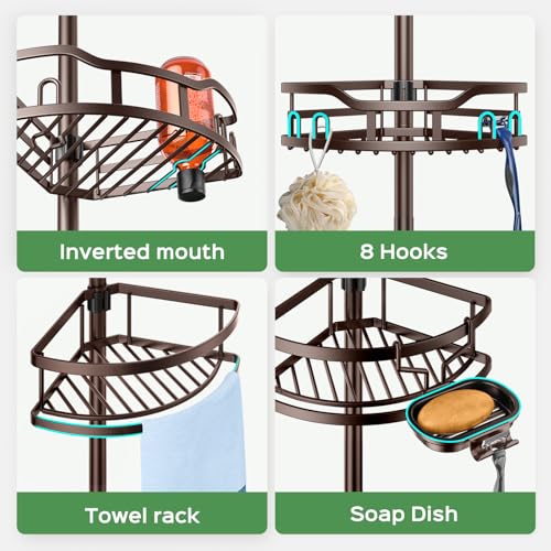 HAMITOR Shower Caddy Tension Pole: Rustproof Quick Install Corner Bathroom Organizer Shelf on Floor for Renters - 4-Tier Large Capacity Storage Rack with Soap Holder for Apartment -47-121 Inch/Bronze - color: Bronze