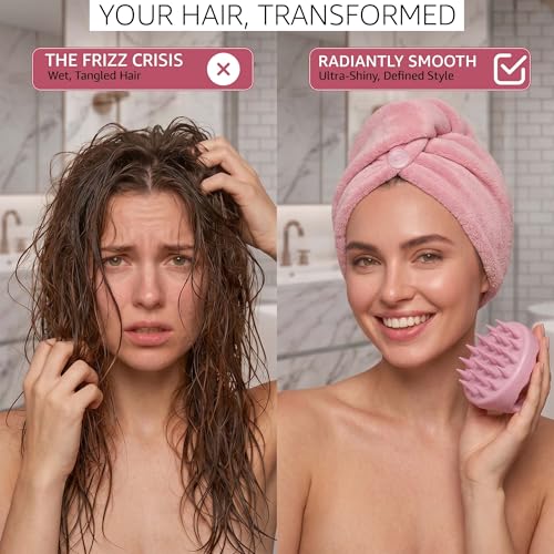 chérie Microfiber Hair Towel Wrap & Silicone Scalp Massager Brush Set - Ultra Absorbent Fast Drying Hair Towel - Anti Frizz Wet Hair Wrap & Soft Silicone Scalp Scrubber for All Hair Types - (Pink)
