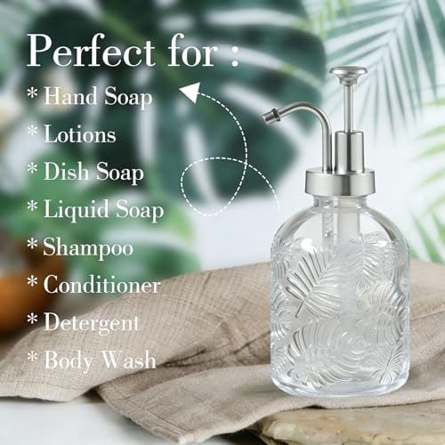 11.8Oz Vintage Glass Bathroom Soap Dispensers with Silver Pump, Refillable Kitchen Dish Soap Dispenser with Embossed Leaf, Modern Farmhouse Hand Soap Liquid Bottle -1 Pack - color: Clear/White Silver, size: 1Pack