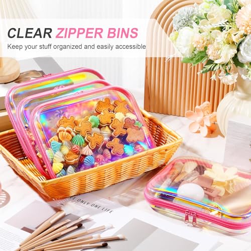 Hoolerry 4 Pcs Hard Clear Zipper Case Makeup Bags Plastic Zipper Pouch Transparent Storage Box Containers for Cosmetics, Snacks, Building Blocks, Puzzles(Clear,9.8 x 7.9 x 2 in,Pink Laser) - color: Pink Laser, size: 9.8 x 7.9 x 2 in