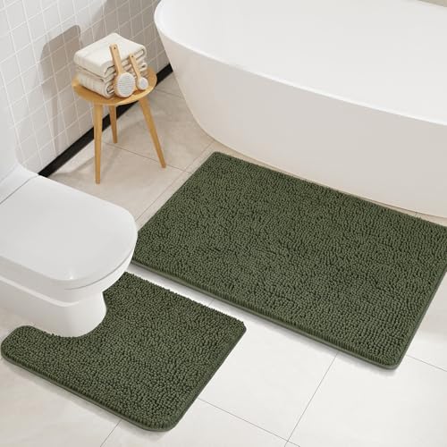 LOCHAS Bathroom Rugs Sets 2 Piece, Soft Non Slip Bath Mat Set, 20''x20'' U-Shaped Toilet Rug and 34''x21'' Olive Green Bath Rugs, Washable Absorbent Chenille Toilet Rug Set for Bathroom, Shower, Sink - color: Olive Green