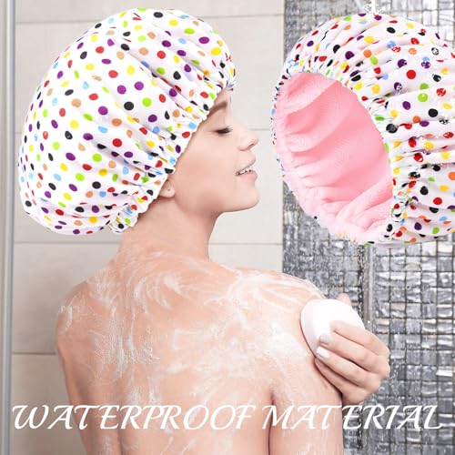 Shower Cap for Women Terry Lined Bath Cap Large Reusable Waterproof Elastic Band Pink Point Shower Caps for Long Thick Hair Soft Bath Shower Hair Caps - color: Color Dots