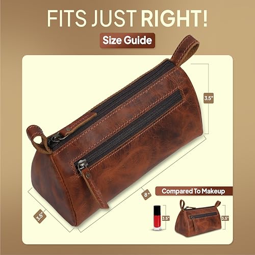 Leather Makeup Bag for Women – Genuine Leather Cosmetic Bag Travel, Handmade Zippered Makeup Pouch, Small Toiletry Bag, Shaving Kit & Stationery Organizer- Tan - color: Tan