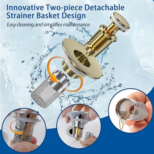 Bathroom Sink Drain Strainer,(3PCS) Pop-up Sink Drain Strainer with Removable Stainless Steel Strainer Basket Hair Catcher, Bathroom Sink Strainer for Bathroom Sink Stopper Replacement - color: 3, Brushed Gold