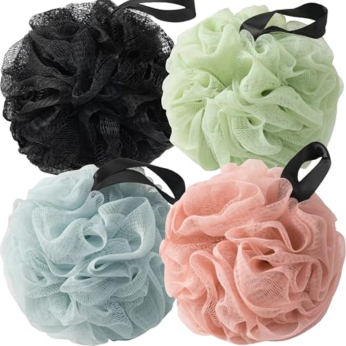 Loofah Sponges for Shower,Exfoliating Cleaning Bath Loofa Body Scrubber Balls for Women Men Washing,Popular Mix 4 Pack - Black, Sky Blue, Pink & Light Green - color: Popular Color Mix, size: 1 Count (Pack of 4)