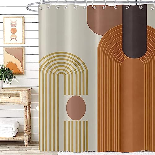 Mid Century Modern Extra Long Shower Curtain, Boho Brown Arch Geometric Machine Washable Waterproof for Bathroom Bathtub with Hooks 72Wx84H - color: Brown and Beige, size: 72"W x 84"L (Pack of 1)