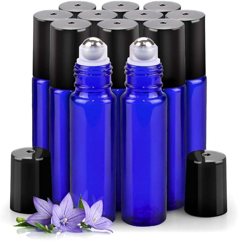 sungwoo 12 Pack Essential Oil Bottles, 10ml Blue Glass Bottles with Stainless Steel Roller Balls and Caps for Travel, Perfume and Lip Gloss - color: Blue, style: 12 Pack