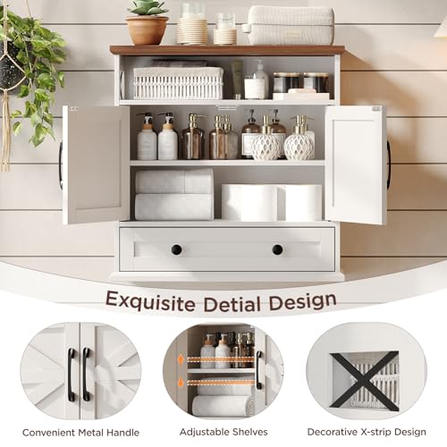 Bathroom Wall Cabinet, 23.6''x23.6'' Farmhouse Wall Mounted Medicine Cabinet with Drawer, 2 Barn Door & Adjustable Shelf, Space Saving Over The Toilet Storage Cabinet for Bathroom, Kitchen, Entryway
