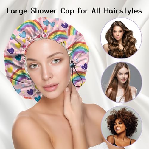 Luxury Shower Cap Silk Satin Lined Waterproof Reusable Adjustable Elastic Dry Hair Bathing Caps Cute for Women Girls-Rainbow - color: C-5-Rainbow