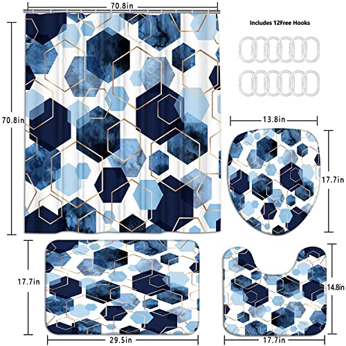 LQCOOL 4Pcs Blue Bathroom Set Geometric Shower Curtain Set Modern Art Shower Curtain for Bathroom with 12 Hooks, Bathroom Carpet Bath Mat and Toilet Rugs - color: Blue Hexagon