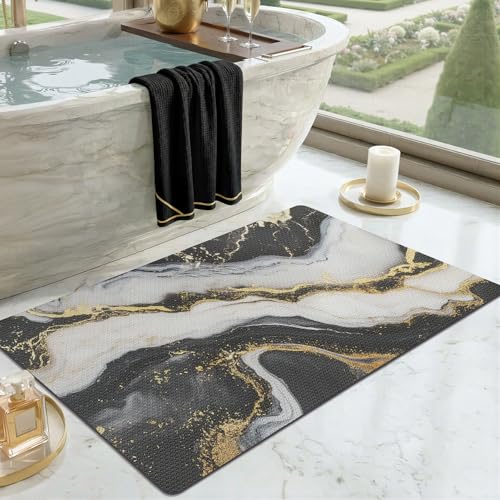 Color&Geometry Ultra Thin Bathroom Rugs Non Slip,Absorbent Quick Dry Bath Mats for Bathroom,Thin Bath Rugs Washable with Rubber Backing Fit Under Door Outside Shower,Gold-Veined Marble,24" x 43" - color: Black and White With Gold, size: 24"x43"