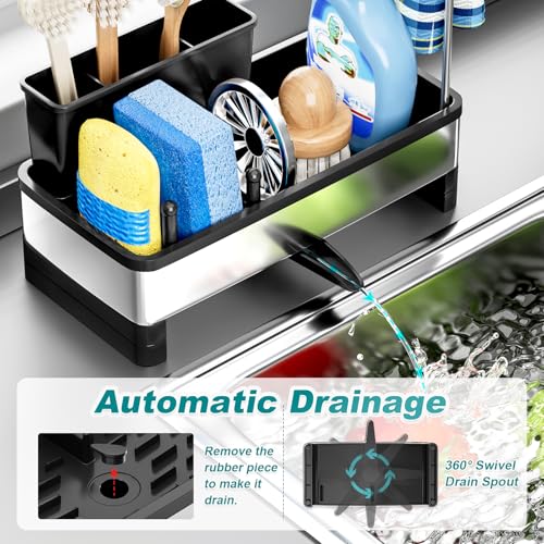 Ewaiira Stainless Steel Sink Caddy, Sponge Holder for Kitchen Sink with Brush Holder and Towel Rack, Sink Organizer for Countertop, Soap Kitchen Organizers Storage Essentials (A-Black) - color: A-black