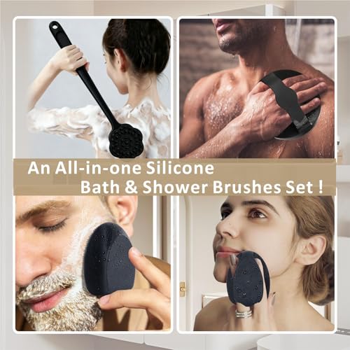 Back Scrubber & Face Scrubber Brush for Shower - 15 Inch Long Handle Double Sided Silicone Body Brush for Exfoliation & Massage, Soft Facial Cleansing Brush, Rich Lathering for Deep Cleansing (Black) - color: Black
