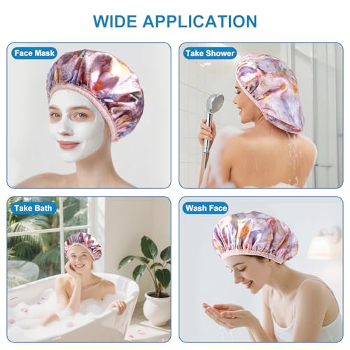 Upgraded Waterproof Terry Shower Caps, Reusable Shower Cap for Women with Long Hair, Soft Absorbent Hair-Protecting Towel Lining Bath Cap, Large Leak-Proof Hair Cap with Fashionable Print Outer-Pink - color: Pink
