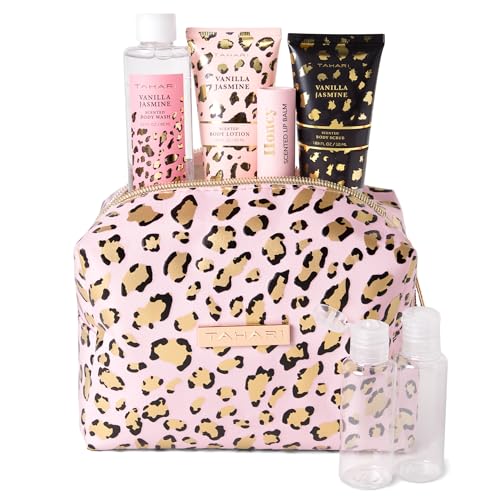Tahari Vanilla Jasmine Spa Gift Set for Women – Luxurious Bath Kit with Body Lotion, Body Scrub, Body Wash & Lip Balm with Bag – Perfect Selfcare Gifts for Women (Leopard)
