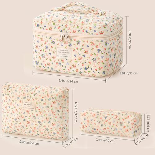 HBselect Quilted Makeup Bag, 3PCS Cotton Large Travel Makeup Bag, Cute Floral Coquette Make up Bag Cosmetic Bag Toiletry Bag for Women Girls - color: A-3PCS-Floral 12