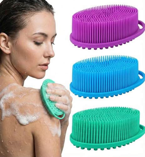 Silicone Body Scrubber Exfoliating 3 Pack, Shower Scrubber for Body,Loofah Alternative for Women Men, 2 in 1 Bath and Shampoo Brush with Handle,Body Exfoliator Tool for Skin, Back-Purple, Blue, Green - size: 3Pack-Purple Blue Green