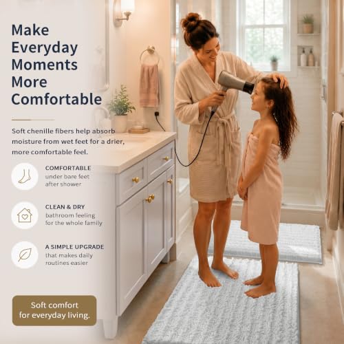 Yimobra Bathroom Rug Set 3 Piece - Super Absorbent Quick Dry Chenille Bath Mats & Toilet Rug, Non Slip Machine Washable, Extra Thick Shaggy Floor Mat for Shower Tub Sink, White - color: White, size: 24"x20" + 30"x20"+ 44"x24"