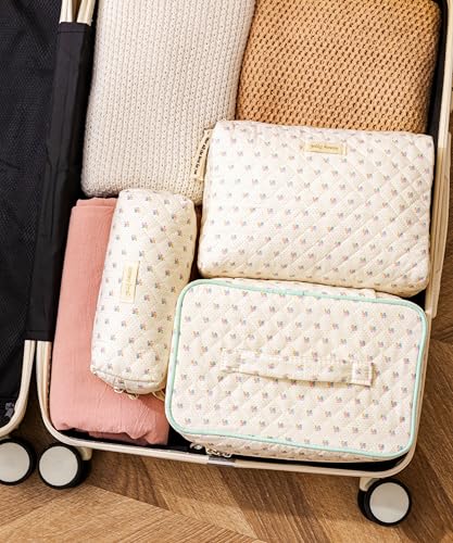 HBselect Quilted Makeup Bag, 3PCS Cotton Large Travel Makeup Bag, Cute Floral Coquette Make up Bag Cosmetic Bag Toiletry Bag for Women Girls - color: A-3PCS-Flower