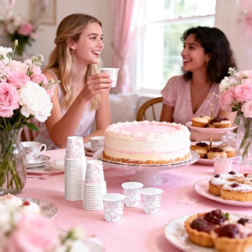 WRAPAHOLIC 3oz Paper Cups - 100 Pack Disposable Bathroom Cups with Toile Red Floral Design, Small Mouthwash Cup for Toothbrush Rinse, Home Bathroom, Picnic, BBQ, Travel and Party - color: Toile Red Floral