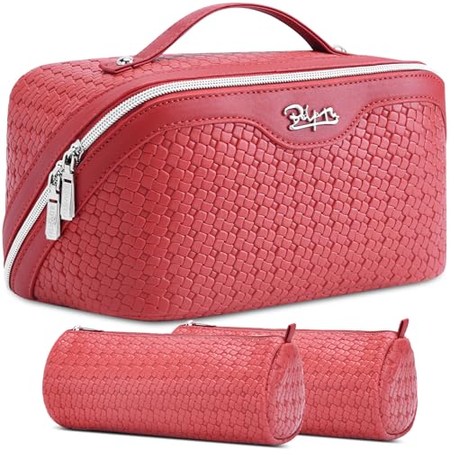 BOYATU Travel Makeup Bag Cosmetic Bags for Women: Large Capacity 3 Pcs Set Make up Bag with Compartments - Waterproof Vegan Leather Toiletry Organizer Bags with Handle (L54Rose) - color: L54Rose
