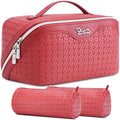 BOYATU Travel Makeup Bag Cosmetic Bags for Women: Large Capacity 3 Pcs Set Make up Bag with Compartments - Waterproof Vegan Leather Toiletry Organizer Bags with Handle (L54Rose) - color: L54Rose