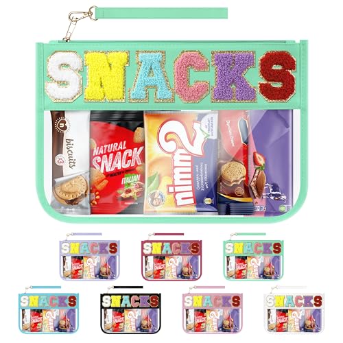 Snack Bag for Travel & Makeup - Clear Chenille Letter Zipper Pouch, Waterproof Cosmetic Tote Bag for Women & Girls (Green) - color: Green