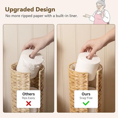 GRANNY SAYS Free Standing Toilet Paper Holder Stand with Storage, Water Hyacinth Wicker Toilet Paper Storage with Lid, Holds 3 Rolls, Tissue Holder for Bathroom with Built-in Cloth Lining - color: Natural（water Hyacinth）, size: 6¾"D(For 3 Roll)