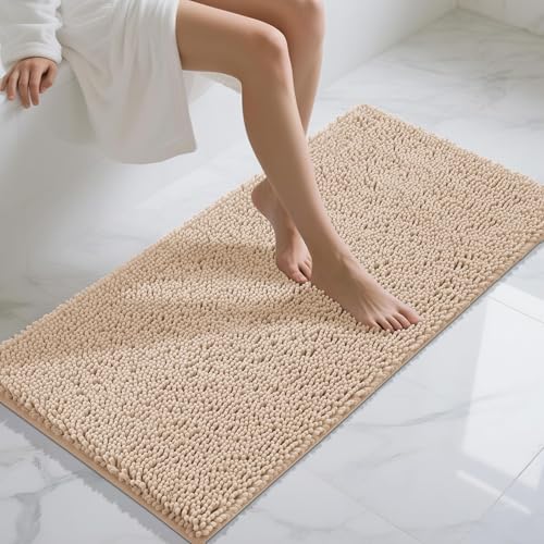 Yimobra Long Bathroom Rugs 47"x24", Extra Soft Non Slip Bath Mat for Tub, Super Absorbent Quick Dry Shaggy Rug Floor Carpet, Machine Washable,Beige - color: Beige, size: 47" X 24"