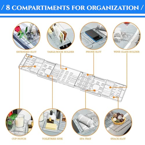 Expandable Acrylic Bathtub Tray for Tub, Bath Caddy Tray Table for Bathtub, Adjustable from 31.5 to 41 inch, Bathtub Rack fits Most Bathtubs and Bathroom Décor, Bath Tub Shelf Accessories for Women