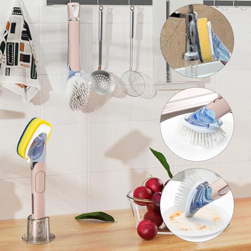 Dish Brush with Soap Dispenser Storage Set with 2 PCS Brush Refills & Holder, Dish Scrubber with Soap Dispenser, Dish Soap Brush, Dish Wand with Soap Dispenser for Dishes, Pans, Sink, Pots(Pink) - color: Pink