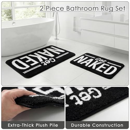 Arttown Get Naked Black Bathroom Rug Set 2 Piece Fluffy Microfiber Non-Slip Water Absorbent Bath Mat Soft Washable Floor Rug for Tub Showers Laundry Room Decor (16"x24"+20"x32") - color: Get Naked