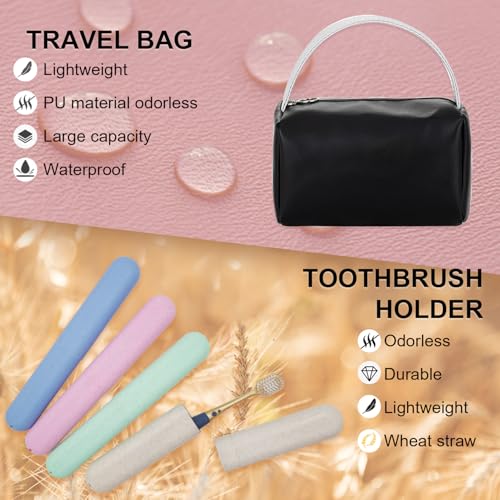 4 Pack Portable Toothbrush Cases, Breathable Plastic Holders and Leather Travel Toiletry Bags, Organizers for Home, Business, Camping（black）