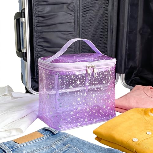 Holographic Star Print Pink Makeup Bag - Portable & Waterproof Barrel-Shaped Toiletry Bag, 8.27x6.7x6.3in Cosmetic Case for Women & Men (Purple Star) - color: Purple Star
