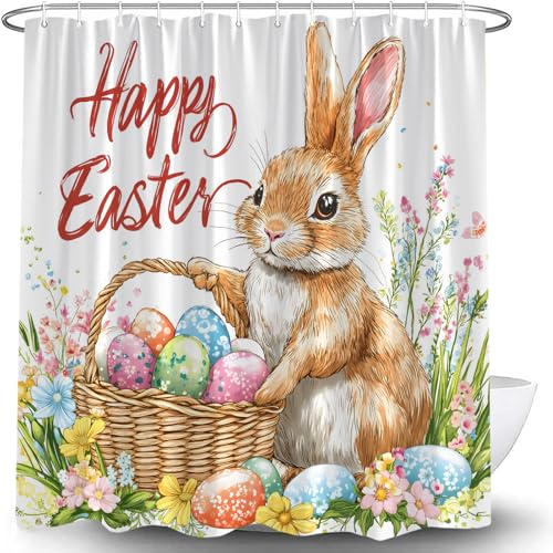 Easter Shower Curtain Cute Rabbit Colorful Eggs Spring Floral, 70x70 Inch | Rustic Bunny, Watercolor Flower Plant, Polyester Bath Curtain, Includes Hooks