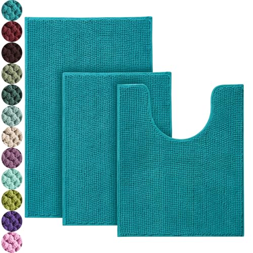 Urvoix Bathroom Rugs Sets 3 Piece, Chenille Bathroom Rug Non-Slip Bath Rug, Ultra Soft, Washable, Super Absorbent Bath Mats for Bathroom, Toilet and Tub (Turquoise Blue) - color: Turquoise Blue