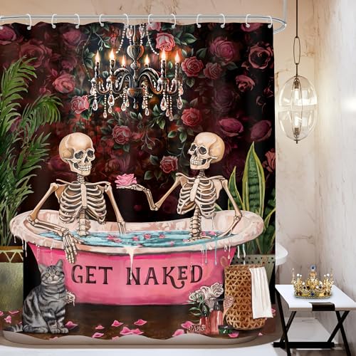 Gothic Skull Skeleton Shower Curtain Black Vintage Spooky Funny Rose Retro Floral Flower Plant Bathroom Decor Unique Mystical Woman Aesthetic 72Wx72H Bath Curtain Fabric Polyester 12 Pack Hooks - color: A 03skeleton, size: 72"W x 72"L (Pack of 1)