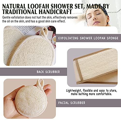 Natural Loofah Sponge Back Exfoliating Scrubber Combo Set, Seep Cleansing Skin and Facial Loofah Pad