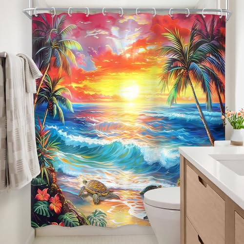Newsely Ocean Shower Curtain 60Wx72L Inch Summer Beach Tropical Leaf Hawaiian Rustic Bright Red and Yellow Sky Sea Turtles Bathroom Set Sunset Waterproof Bath Decoration Accessories Home Decor - color: A-06beach, size: 60"W x 72"L (Pack of 1)