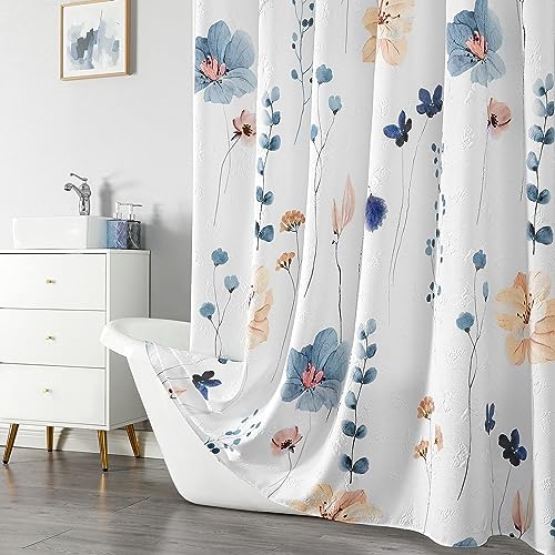 QiyI Watercolor Floral Shower Curtain, 3D Embossed Butterflies Blue Beige Flower Bathroom Curtain, Minimalist White Cloth Bath Curtain, Waterproof Fabric Textured Shower Curtain Set with Hooks, 72x72 - color: Beige, size: 72"W x 72"L (Pack of 1)