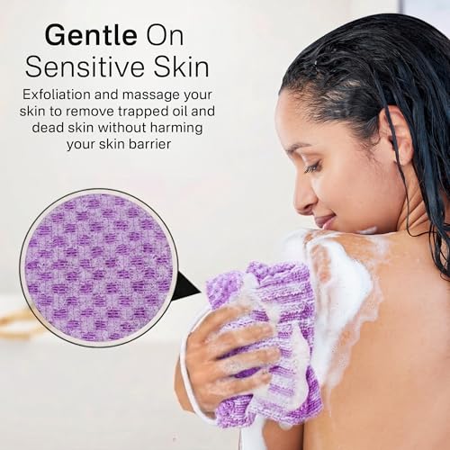 Yiclick Dual-Textured Exfoliating Washcloth Towel - Back Scrubber for Use in Shower Bath, Exfoliating Body Scrubber Exfoliator, Japanese Exfoliate Loofah Lufa Sponge Wash Cloth for Women Men - color: Lavender