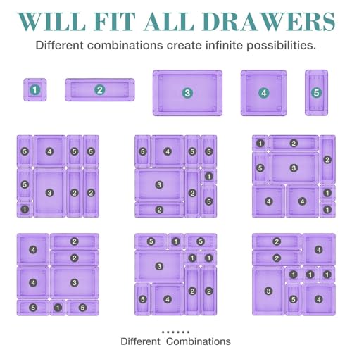 StorMiracle 23 PCS Drawer Organizer Set, 5 Varied Size Bathroom and kitchen Drawer cabinet organizer Trays, Clear Storage Bins for Makeup, Jewelry, Utensils and Gadgets, Purple - color: Purple, size: 23 PCS