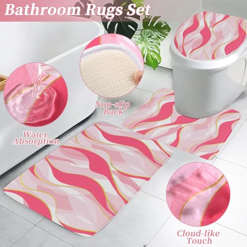 XLHOMO Bathroom Set - Pink and Gold Bathroom Accessories, Bathroom Sets with Shower Curtain and Rugs, Pink Shower Curtain Set with Bathroom Trash Can, Soap Dispenser, Soap Dish for Home Decor - color: Stripe Pink & Gold, size: Complete Set + Bath Rugs