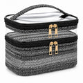Woven Faux Leather Travel Makeup Bag for Women, Cosmetic Organizer with Clear PVC Top, Large Capacity Toiletry Bag (Black) - color: 03-Black