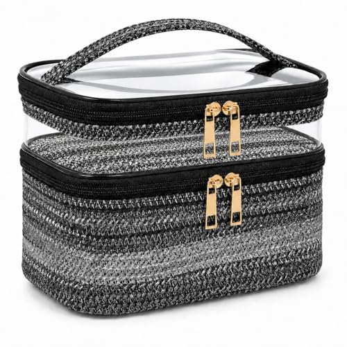 Woven Faux Leather Travel Makeup Bag for Women, Cosmetic Organizer with Clear PVC Top, Large Capacity Toiletry Bag (Black) - color: 03-Black
