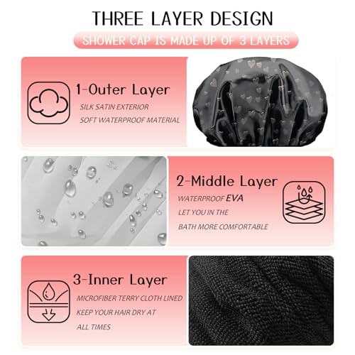 Luxury Shower Cap Terry Cloth Lined EVA Waterproof Reusable Triple Layer Elastic Hair Bath Caps for Women Girls Cute (C10-Hearts) - color: C10-Hearts