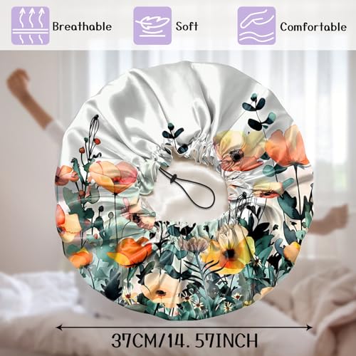 Luxury Shower Cap Silk Satin Lined Waterproof Reusable Adjustable Elastic Dry Hair Bathing Caps Cute for Women Girls-Floral Leaf - color: C-3-Floral Leaf