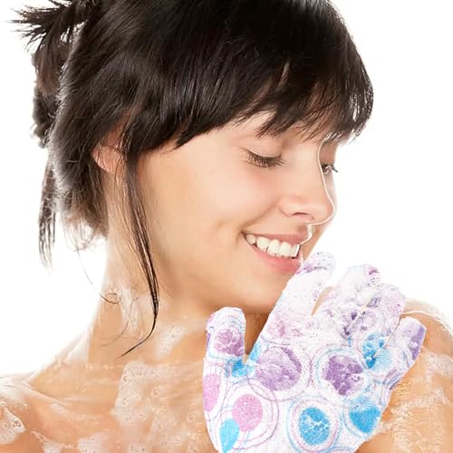FARMOGA Exfoliating Gloves Shower Loofah Body Scrubber African Exfoliating Net Glove Bathing Accessories Exfoliating Mitt for Women & Men (4Pcs-Bath Gloves-Flower)