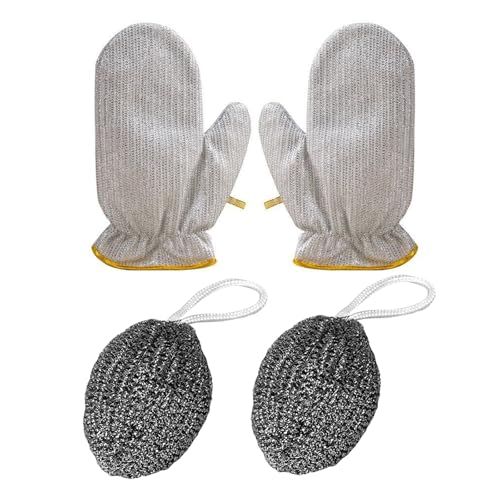 2PCS Dishwashing Gloves Silver and 2PCS Stainless Steel Melon Shape Steel Wire Ball(white/gray rope) - color: Gray