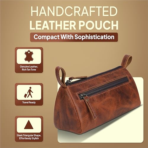Leather Makeup Bag for Women – Genuine Leather Cosmetic Bag Travel, Handmade Zippered Makeup Pouch, Small Toiletry Bag, Shaving Kit & Stationery Organizer- Tan - color: Tan